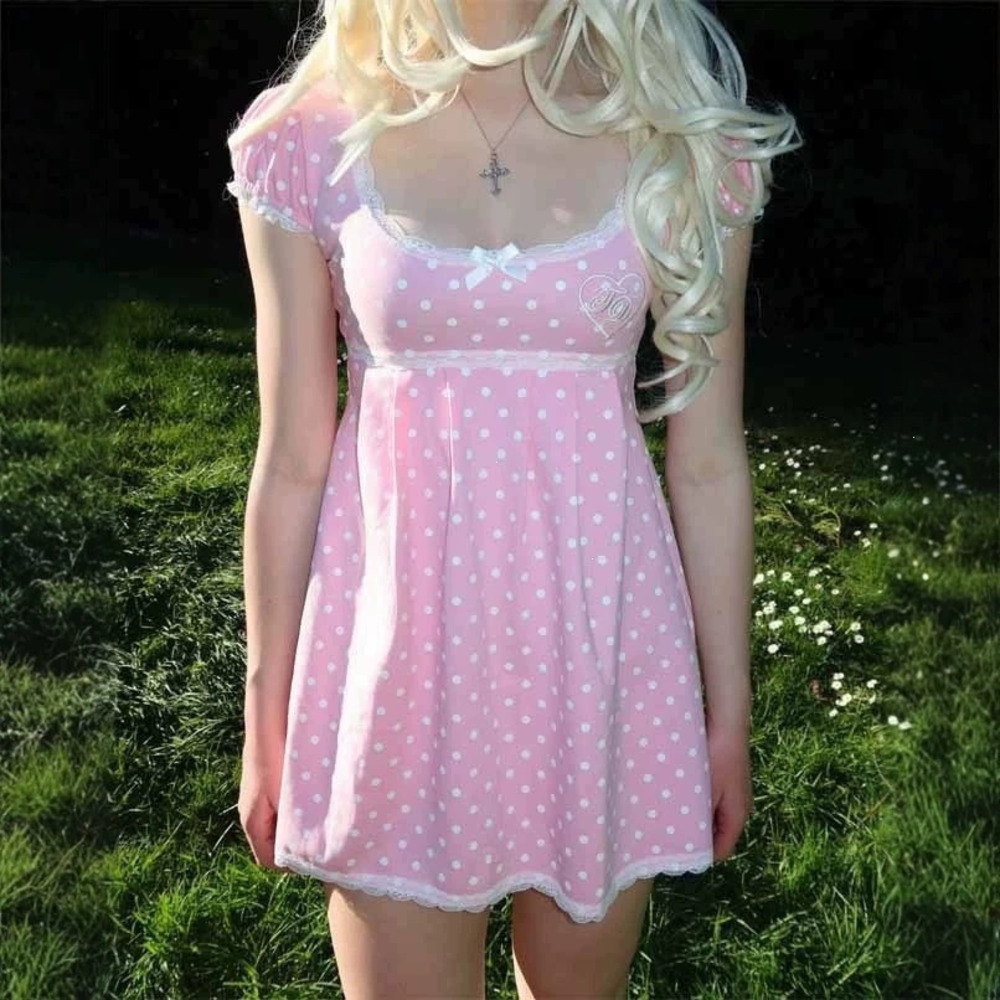 Zara Vintage Summer Sweetheart Polka Dot Lace Trim Low Neck Casual Dress